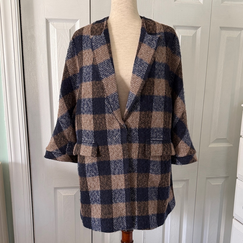 Baciano By Bacci Plaid Tweed 3/4 Sleeve Coat Sz L
